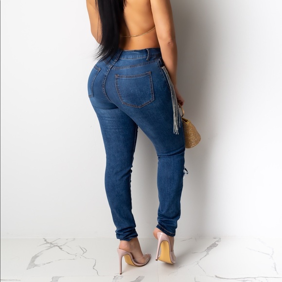 High Waist Crystal Fringe Detail Jeans Blue - Picture 3 of 3